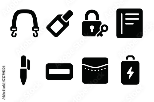 Briefcase Accessories Icons. Solid, filled icon set of briefcase accessories: shoulder strap, luggage tag, lock key, document organizer, pen loop, nameplate,