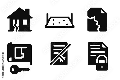 Worthless Real Estate Icons. Solid, filled icon set of worthless real estate: broken house, empty lot, torn deed, faded blueprint, discarded key, crossed-out