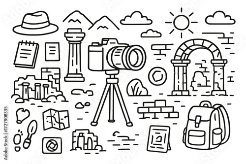 Ancient Monuments Doodle. Hand-drawn doodle illustration Photographing Ancient Monuments camera, tripod, ancient column, stone arch, sun, clouds, tourist hat,