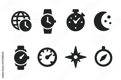 Watch Function Icons. Solid, filled icon set of watch functions: time zone, world clock, chronograph, moon phase, power reserve, tachymeter, compass,