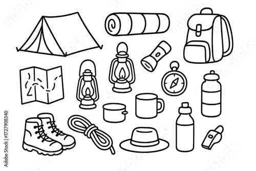 Camping Gear Essentials. Hand-drawn doodle illustration Camping gear tent, sleeping bag, backpack, lantern, flashlight, compass, map, stove, pot, mug, hiking