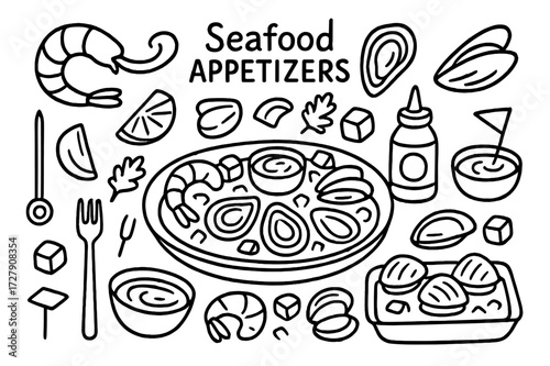 Seafood Appetizer Icons. Hand-drawn doodle illustration [Seafood appetizers] [shrimp, oysters, mussels, cocktail sauce, skewers, lemon, parsley, platter, fork,