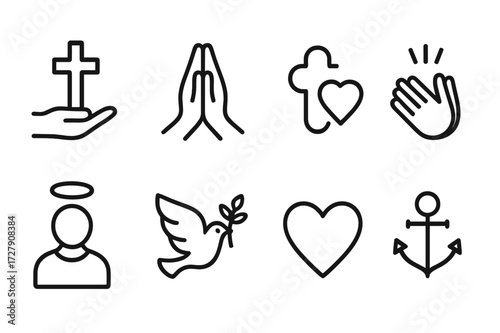 Spiritual Values Icon Set. Outline icon set of spiritual values: faith, compassion, forgiveness, gratitude, humility, peace, love, hope. Line icons in only