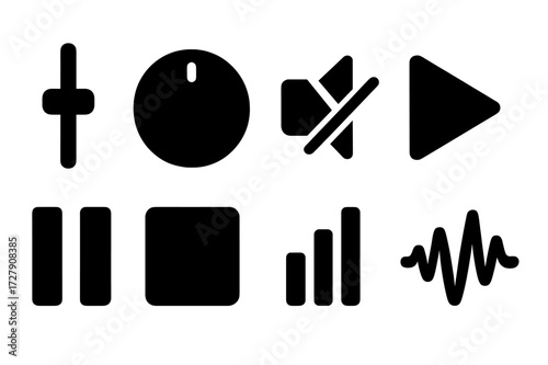 Audio Control Icons. Solid, filled icon set of sound control: volume slider, balance knob, mute button, play button, pause button, stop button, equalizer bars,