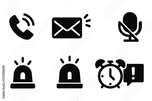Urgent Communication Icons. Solid, filled icon set of desperate communication: ringing phone, blinking envelope, loudspeaker, crossed microphone, emergency
