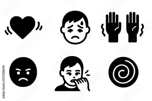 Anxiety Symptoms Icons. Solid, filled icon set of anxiety symptoms: racing heart, sweating forehead, trembling hands, restless eyes, frowning face, bite nails,