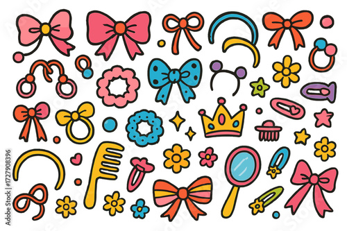 Colorful Hair Accessories. Accessories. Colorful Hand-drawn doodle Children illustration hair ties, ribbons, bows, headbands, tiara, clips, barrettes, comb,