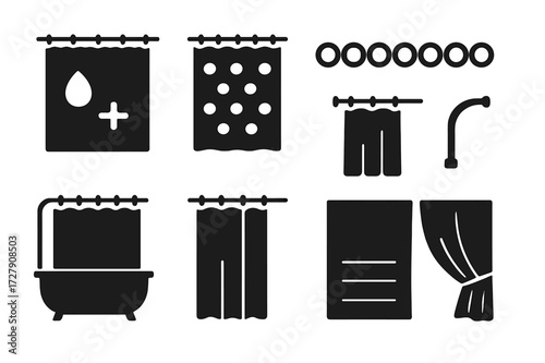 Shower Curtain Icons. Solid, filled icon set of shower curtains: waterproof curtain, curtain liner, patterned shower curtain, hanging rings, curved rod,