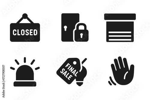 Store Closing Icons. Solid, filled icon set of store closing: closing sign, locked door, cash count, window shutter, security alarm, final sale, lights off,