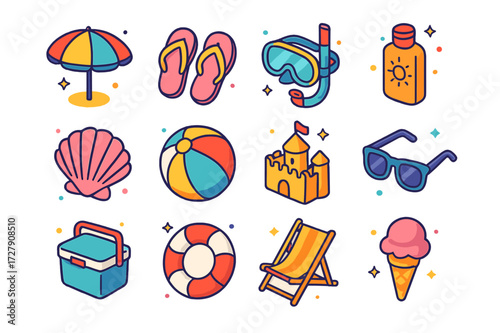 Seaside Excursion Icons. Colorful isometric vector icons set of Seaside excursion: beach umbrella, flip flops, snorkel mask, sun lotion, seashell, beach ball,
