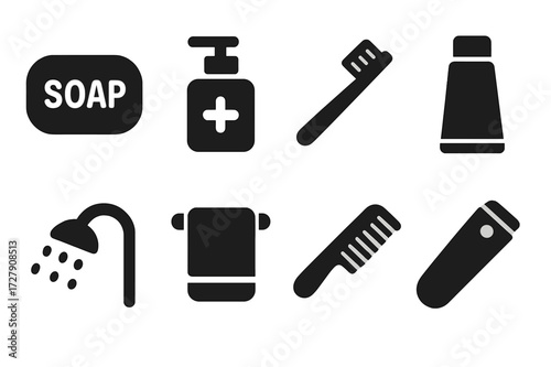 Hygiene Icons Grid. Solid, filled icon set of hygiene: soap bar, hand sanitizer, toothbrush, toothpaste, showerhead, towel, comb, nail clipper. Solid, filled
