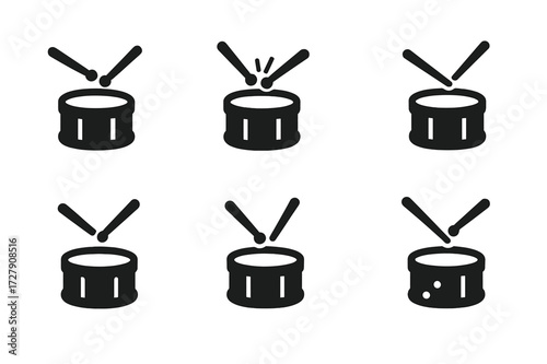 Marching Drum Techniques. Solid, filled icon set of marching drum playing techniques: drum roll, rim shot, buzz roll, paradiddle, flam, double stroke, press
