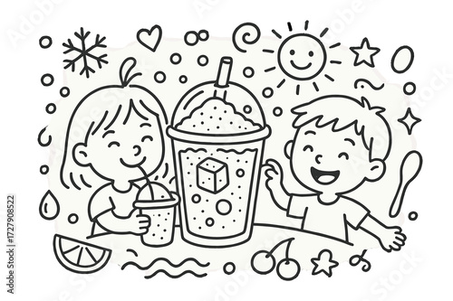 Kids Enjoying Slush Cup. Hand-drawn doodle illustration Kids enjoying slush cup with straw, smiling face, sun, ice cube, snowflake, bubble, droplet, dome lid,