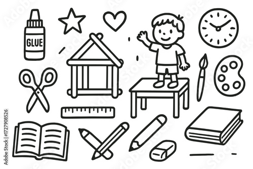 School Craft Doodle. Hand-drawn doodle illustration School craft project popsicle sticks, house, glue stick, scissors, ruler, book, pencil, eraser, child