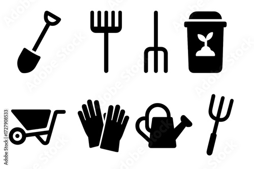 Composting Tools Icons. Solid, filled icon set of composting tools: shovel, rake, pitchfork, compost bin, wheelbarrow, gloves, watering can, garden fork. [Line
