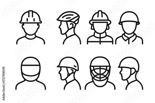 Helmet Icon Set. Outline icon set of helmet users: construction worker, cyclist, firefighter, soldier, motorcyclist, climber, hockey player, skateboarder. Line