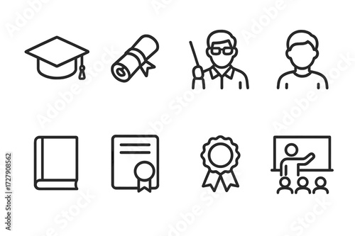 Education Icon Set. Outline icon set of ace in education: graduation cap, diploma, teacher, student, book, certificate, award ribbon, classroom. Line icons in