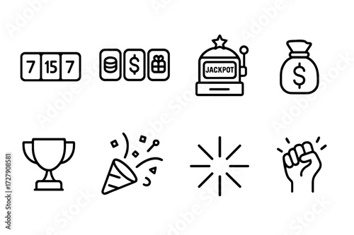 Scratch Card Icons. Outline icon set of scratch card results: winning numbers, prize symbols, jackpot, money bag, trophy, confetti, star burst, winner hand.