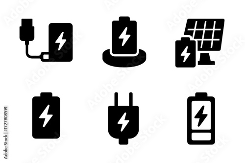 Battery Charging Icons. Solid, filled icon set of battery pack charging: charging cable, wireless charger, charging dock, solar panel, fast charge, power