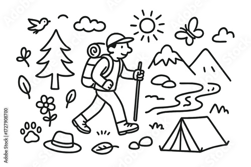 Outdoor Adventure. Hand-drawn doodle illustration Man hiking in nature man with backpack, walking stick, mountain, tree, cloud, sun, bird, rock, river, boots,