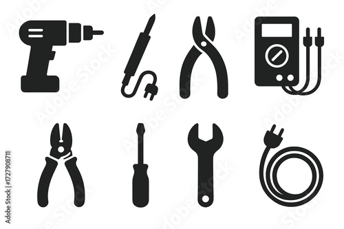 Power Tool Icons. Solid, filled icon set of power tools: drill, soldering iron, wire cutter, multimeter, pliers, screwdriver, wrench, cable. Solid, filled