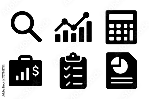 Portfolio Analysis Icons. Solid, filled icon set of portfolio analysis: magnifying glass, trend line, data chart, dollar sign, calculator, report document,