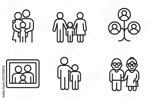 Family Icon Set. Outline icon set of together family: family hug, holding hands, family meal, family tree, family photo, parent and child, siblings,