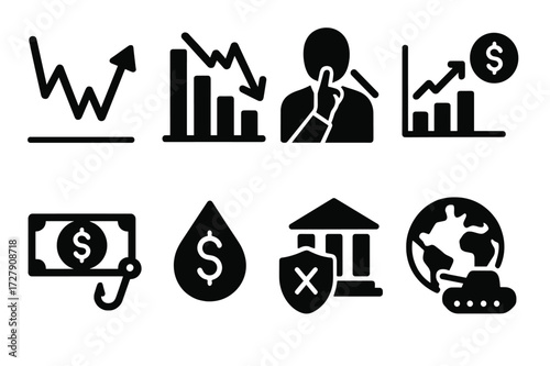 Stock Market Risk Icons. Solid, filled icon set of stock market risks: volatility, market crash, insider trading, fraud, liquidity risk, credit risk, interest