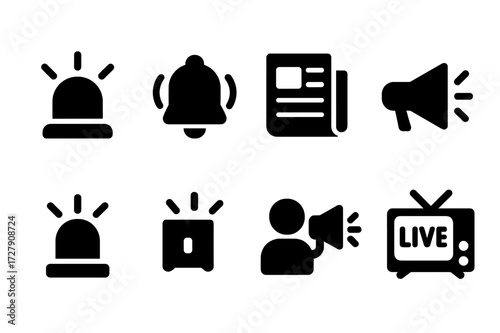 Breaking News Icons. Solid, filled icon set of breaking news: siren, alert bell, newspaper breaking, megaphone sound, flashing light, news flash, emergency