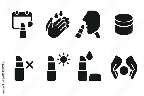 Balm Care Icon Set. Solid, filled icon set of solid balm care routine: daily application, clean hands, reapplying, storing sealed, avoiding contamination, sun