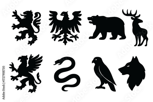 Animal Crest Icons. Solid, filled icon set of animal crests: lion rampant, eagle spread wings, bear, stag, griffin, serpent, falcon, wolf head. Solid, filled