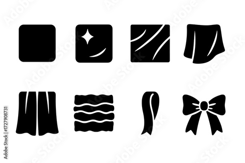 Satin Texture Icons. Solid, filled icon set of satin fabric textures: smooth satin, glossy finish, folded satin, draped satin, pleated satin, ruched satin,