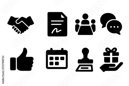 Mutual Agreement Icons. Solid, filled icon set of mutual agreement: handshake, signed contract, meeting table, speech bubbles, thumbs up, calendar, document