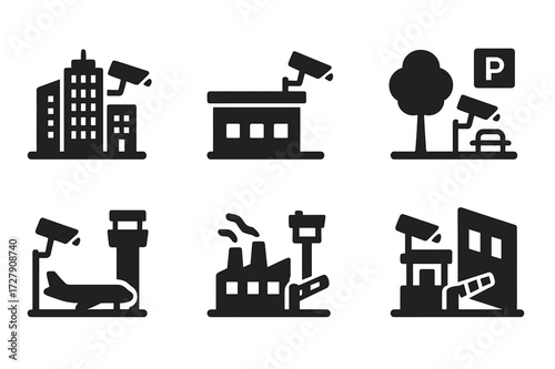 Surveillance Icon Set. Solid, filled icon set of surveillance environments: cityscape, building rooftop, park, parking lot, airport, factory, border