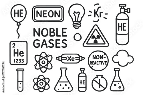 Noble Gases Doodle. Hand-drawn doodle illustration [noble gases] helium balloon, neon sign, argon light bulb, krypton glow, xenon tube, radon hazard sign, gas