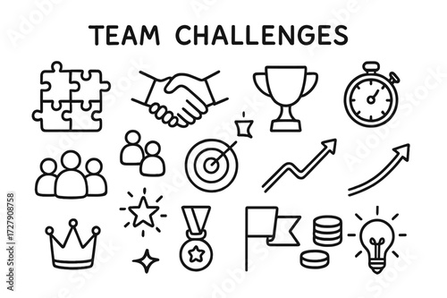Teamwork Success Icons. Hand-drawn doodle illustration Team challenges puzzle pieces, handshake, trophy, stopwatch, target, arrow upward, people icons, star,