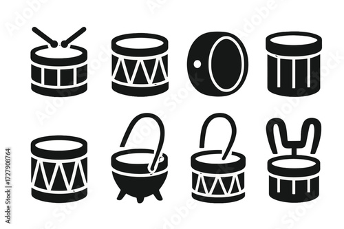Military Drum Icons. Solid, filled icon set of military drum types: snare drum, field drum, bass drum, tenor drum, rope tension drum, kettle drum, parade drum,