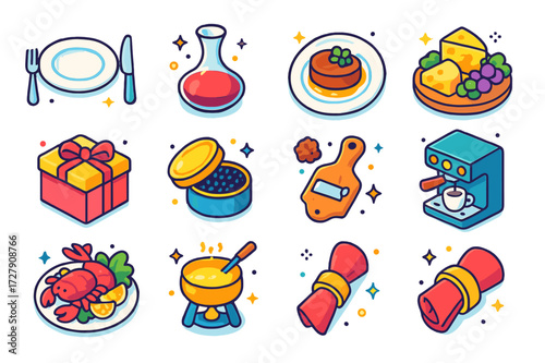 Bourgeois Cuisine Icons. Colorful isometric vector icons set of Bourgeois cuisine elements: fine dining plate, silver cutlery, wine decanter, gourmet dish,