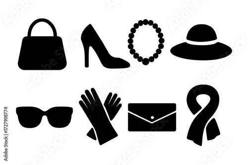 Lady Accessories Icons Set. Solid, filled icon set of lady accessories: handbag, high heels, pearl necklace, sun hat, sunglasses, gloves, clutch, scarf. Solid,