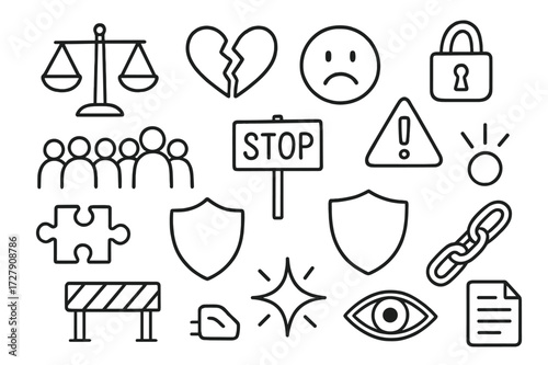 Inequality Symbols Doodle. Hand-drawn doodle illustration Inequality and discrimination scales, broken heart, sad face, speech bubble, lock, exclamation mark,