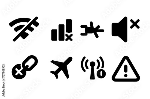 Connectivity Issue Icons. Solid, filled icon set of signal loss: broken Wi-Fi, no signal bars, disconnected cable, muted sound, lost connection, airplane mode,