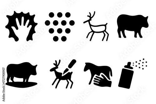 Cave Painting Icons. Solid, filled icon set of cave painting techniques: stencil hand, dot pattern, line drawing, silhouette, shading, engraving, smudging,