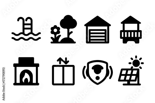 Real Estate Icons. Solid, filled icon set of real estate property features: swimming pool, garden, garage, balcony, fireplace, elevator, security system, solar