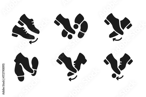 Tap Dance Icon Set. Solid, filled icon set of tap dance moves: shuffle, flap, ball change, cramp roll, pull back, step heel, toe tap, paradiddle. Solid, filled