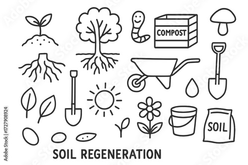 Soil Regeneration Icons. Hand-drawn doodle illustration soil regeneration sprout, tree, roots, compost bin, worm, mushroom, shovel, wheelbarrow, droplet, leaf,