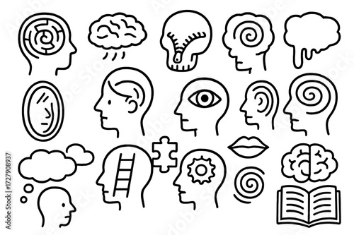 Surreal Mind Doodles. Hand-drawn doodle illustration Mind Maze head maze, floating brain, zipper skull, thought spiral, dripping thought bubble, mirror face,