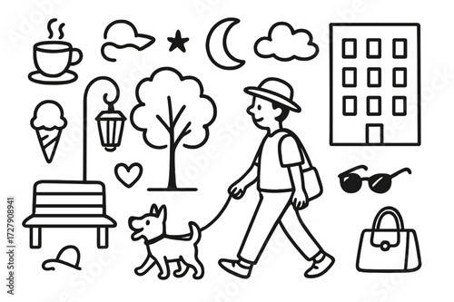 Summer Evening Doodles. Hand-drawn doodle illustration evening walk in summer city streetlamp, bench, tree, cloud, moon, star, coffee cup, ice cream,