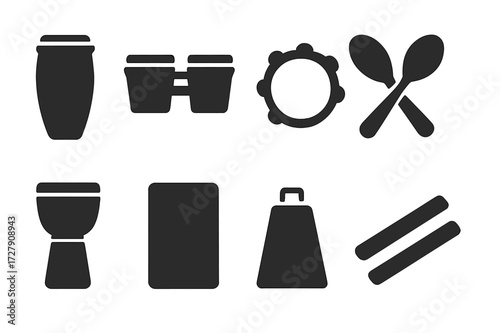 Percussion Instruments Icons. Solid, filled icon set of percussion instruments: conga drum, bongos, tambourine, maracas, djembe, cajon, cowbell, claves. Solid,