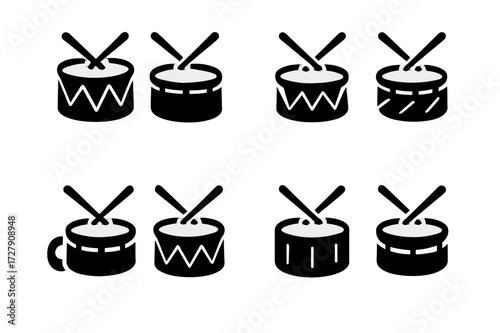 Snare Drum Icons. Solid, filled icon set of snare drum genres: rock, jazz, funk, pop, marching band, classical, metal, blues. Solid, filled icons in only black