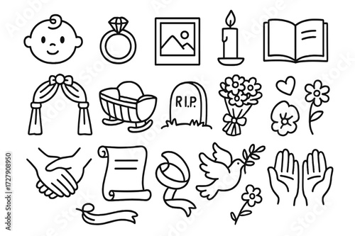 Life Cycle Symbols. Hand-drawn doodle illustration cultural life cycle events baby, ring, photo frame, candle, book, wedding arch, cradle, tombstone, bouquet,